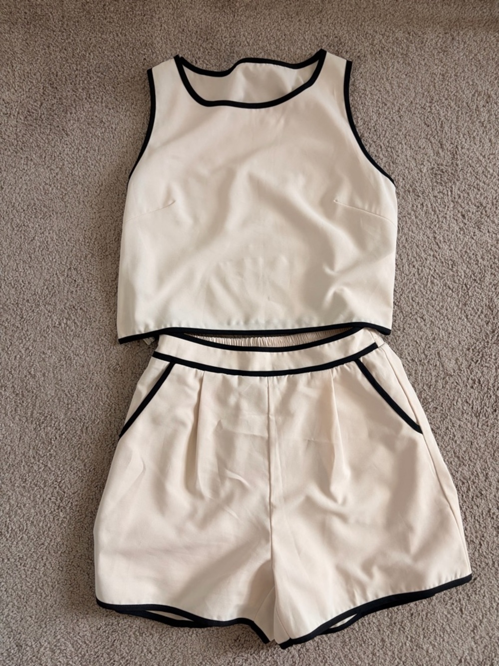 SHEIN Cream Two-Piece Crop Top and Shorts Set with Black Trim
